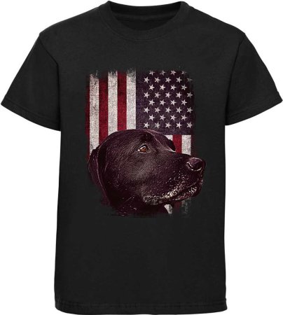 Kinder T-Shirt schwarzer Labrador vor USA Flagge
